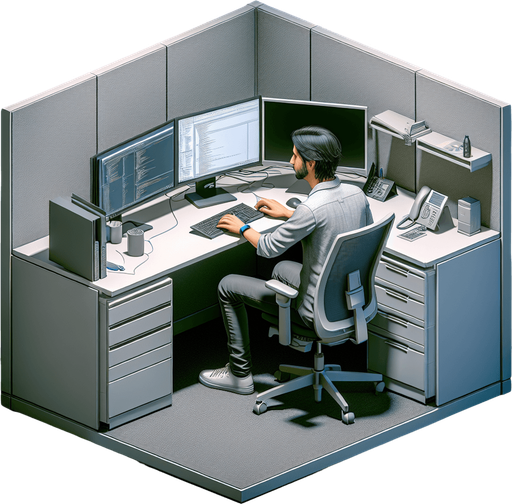 a developer sitting on his laptop in his cubicle, typing on the keyboard.
Single Game Texture.  In-Game asset.  2d.  Blank background.  High contrast.  No shadows