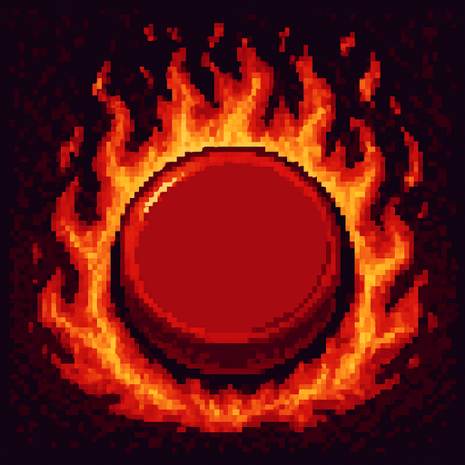 700x700(total size) black red button (like hell fire around and into button) (cute pixel art). no writing
No shadows