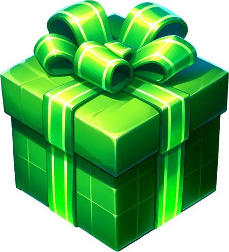 Christmas gift beautifully wrapped in green glowing wrapping paper Single Game Texture. In-Game asset. 2d. Blank background. High contrast. No shadows.