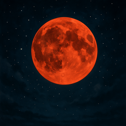 Luna roja sobre cielo nocturno, sin bordes y algo realista, que se aprecie el fondo.
In-Game asset.  2d.  High contrast.  No shadows