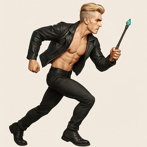 Blonde undercut pompadour black leather biker jacket longsleeves holding magic wand teal gemstone tip shirtless skinny toned abs pecs Switch arm positions, arm crossed in front of body, profile side view, running, Background removed, "Full-body character, entirely in frame, no cropping of face, head, or feet" "Complete character visible, from head to toe, fully centered in the image" "Entire character, including face and shoes, fully within the frame" Character fully contained within a square frame, no edges cut off