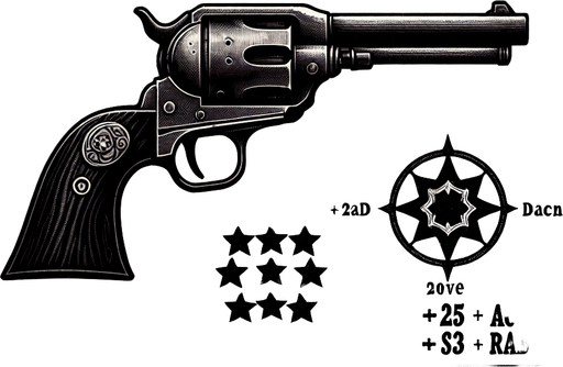 Card Title: Dr. Mann’s Six-Shooter

Subtitle: Ole Reliable

Type: Weapon, Ranged

Description: A revolver used by infamous Foundation doctor Everett Mann. Bonus to accuracy. Bonus to damage vs. undead. Bonus to lunacy.

Stats: +10 ATK / +3 ACC.
Single Game Texture.  In-Game asset.  2d.  Blank background.  High contrast.  No shadows