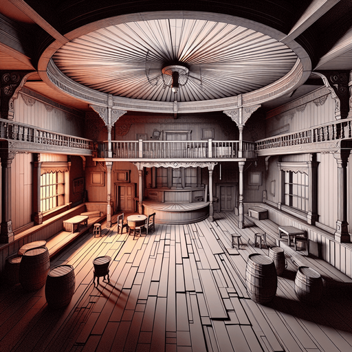 empty western saloon, just the floor, ceiling and walls..
Single Game Texture. In-Game asset. 2d. Blank background. High contrast. No shadows.