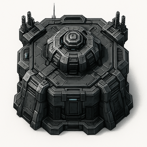 Namlusu olmayan, Teknolojik askeri kule, üstten görünüm, gerçekçi, yazısız.
In-Game asset.  High contrast.  No shadows