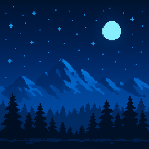 pixel art 2d mavi bir gece arka planı.
In-Game asset.  2d.  High contrast.  No shadows