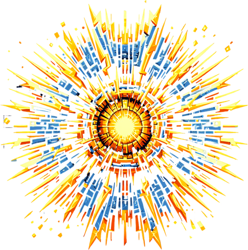 A more intense version of Power Surge. A fractured or exploding core shape at the center, emitting powerful, jagged energy waves (possibly in yellow or orange on top of blue). Could incorporate classic explosion symbol elements but rendered in the cybernetic style. Should look significantly more powerful than Power Surge..
Single Game Texture.  In-Game asset.  2d.  Blank background.  High contrast.  No shadows