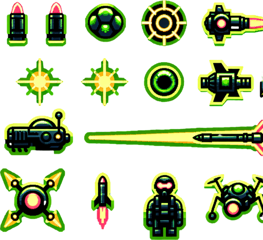 A sprite sheet that has power up icons. Icons include three bullets, a laser beam, a rocket, a drone and a small soldier. Cyberpunk and using neon glow. Green and yellow highlights. 
Single Game Texture. In-Game asset. 2d. Blank background. High contrast. No shadows.