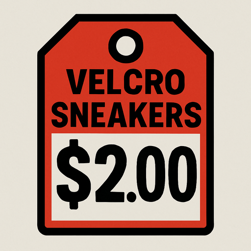 Price tag that says Velcro sneakers $2.00.
In-Game asset.  2d.  High contrast.  No shadows