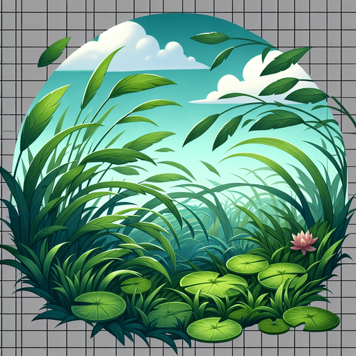 Green reeds with Lilly pad.
Single Game Texture.  In-Game asset.  2d.  Blank background.  High contrast.  No shadows