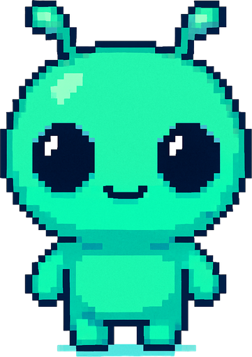 El alien debe ser un personaje pequeño y tierno, con piel verde o azul brillante, cabeza grande en forma ovalada, ojos negros y brillantes de estilo caricatura, y dos antenitas cortas que se muevan ligeramente; su cuerpo debe ser redondeado y compacto, con brazos y piernas cortas, dando una apariencia amigable y divertida; el diseño debe ser en estilo 2D o pixel art suave, con una animación sutil como parpadeo o balanceo, y fondo transparente para integrarse bien en un juego colorido y casual..
In-Game asset.  2d.  High contrast.  No shadows