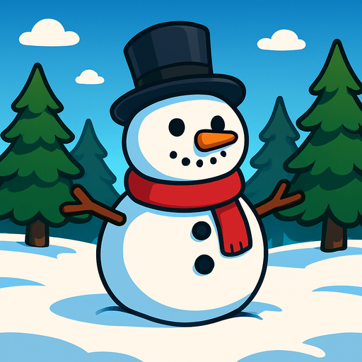 a cartoon style 3d image of a snowman in a field with pine trees in the background. no people..
In-Game asset.  2d.  High contrast.  No shadows