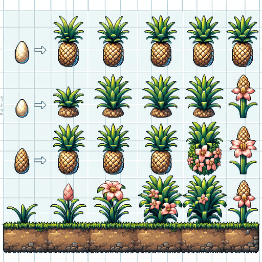 A spritesheet showing a pineapple plant in various stages of germantion, from seed over sapling, to bloom and to full grown plant, and then the ripe fruit. The sprites should be laid out in a rectangular grid with blank space between them.. Single Game Texture. In-Game asset. 2d. Blank background. High contrast. No shadows..
Single Game Texture. In-Game asset. 2d. Blank background. High contrast. No shadows.