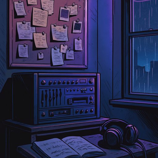 A 2048x2732 vertical background illustration in a semi-realistic comic book style. The scene shows a quiet corner of the same small urban apartment, viewed from a different angle than the main menu. This part of the room features a vintage sound mixing rack, ambient LED lights softly glowing in purple and blue tones, and a corkboard on the wall filled with pinned notes, small polaroid photos, and scribbled music ideas. An open sketchbook with waveform doodles lies on a side table, and worn-out headphones rest beside it. A faint rain still falls outside the partially visible window, casting reflections on the floor. The overall mood remains lo-fi, introspective, and musically charged. No characters, no text — just a lived-in, creative space for the settings menu backdrop..
In-Game asset.  2d.  High contrast.  No shadows