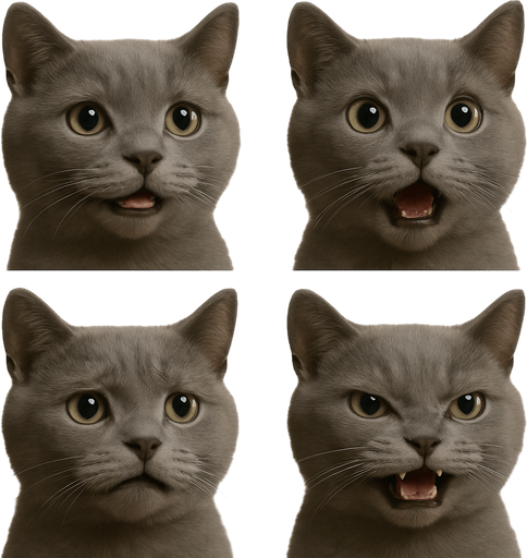 Sprite sheet of head only with different face expressions : smiling, surprised, feared, laugh, angry...
KEEP SAME ORIENTATION