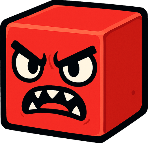 mad red cute cube sprite.
In-Game asset.  2d.  High contrast.  No shadows
