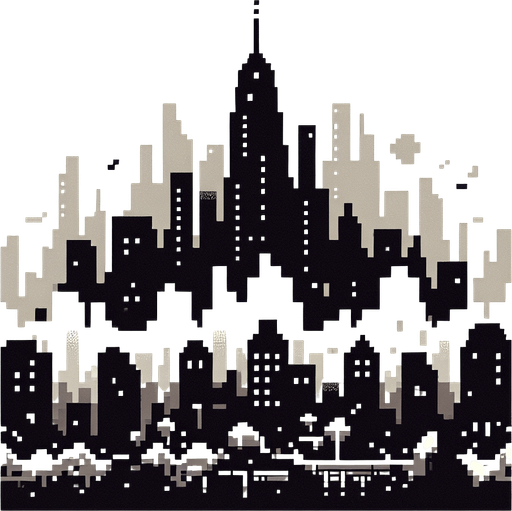 8-bit gray silhouette of cityscape in distance.
Single Game Texture. In-Game asset. 2d. Blank background. High contrast. No shadows.