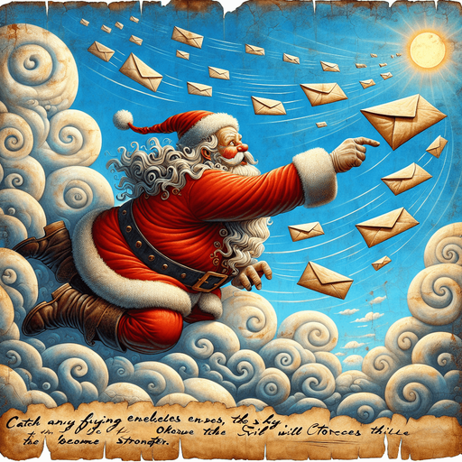 a pergament of santa catching a flying envelope in the sky. There is the text "Catch any flying envelopes in the sky. Otherwise the evil forces will become stronger."