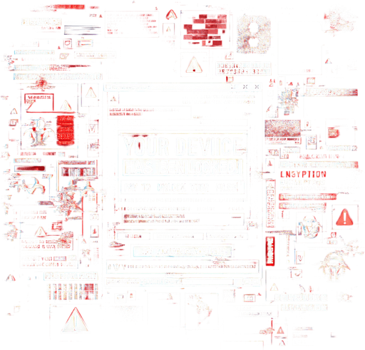 A full-screen background depicting a corrupted device overtaken by a ransomware message. The screen is dominated by a bold, alarming warning message in red and white text, with phrases like 'Your device has been locked!' and 'Pay to unlock your files!' prominently displayed. The background is dark, with digital glitch effects, static noise, and distorted text adding to the sense of corruption. Subtly embedded within the chaotic design is a hidden encrypted code, integrated into the distortion or glitch patterns, making it challenging to notice at first glance. The overall aesthetic is tense, urgent, and visually striking, fitting the theme of a high-tech device under attack..
Single Game Texture. In-Game asset. 2d. Blank background. High contrast. No shadows.