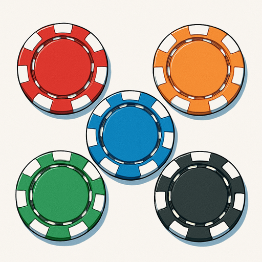 A set of five different colored poker chips seen from directly overhead. Anime style..
In-Game asset.  2d.  High contrast.  No shadows