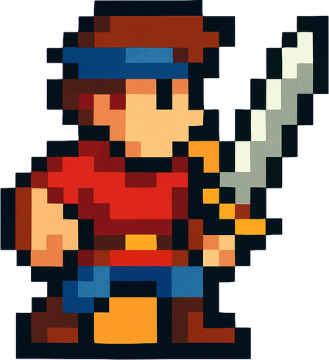 2d hero swordsman pixel sprite.
In-Game asset.  2d.  High contrast.  No shadows