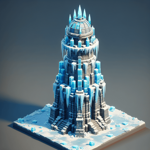 A super awesome turret tower built of ice blocks. Front view perspective. Single Game Texture. In-Game asset. 2d. Blank background. High contrast. No shadows.