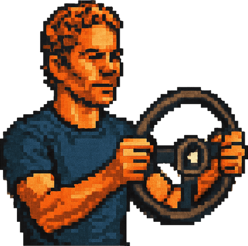 Paul walker holding a car wheel as if he's driving. vintage retro 1980 style. 3/4 view. pixelated. 8 bit. Single Game Texture. In-Game asset. 2d. Blank background. High contrast. No shadows.