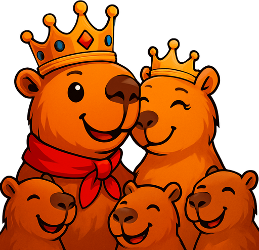 Utilizando este rey. Pon de fondo un castillo. Al rey feliz con su reina. Los capybaras subditos alrededor felices.