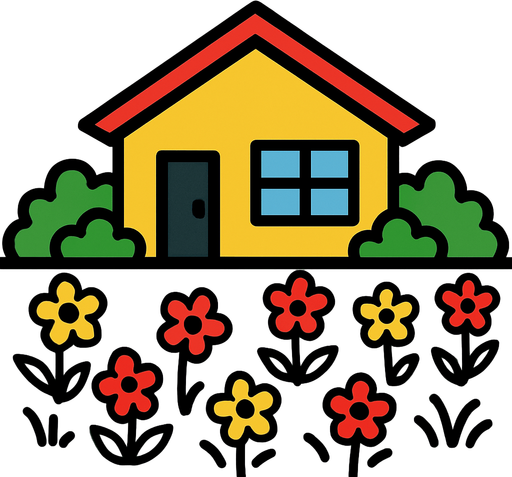 let there be a house and let the house be surrounded by lawns and flowers.
In-Game asset.  2d.  High contrast.  No shadows