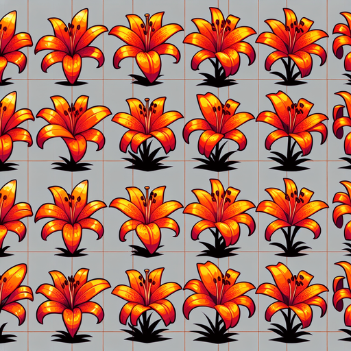 A sprite sheet of different orange tiger lily seen from above. Cartoon. All similar size. Just the blossom. Bold colors and shading. 
Single Game Texture. In-Game asset. 2d. Blank background. High contrast. No shadows.
