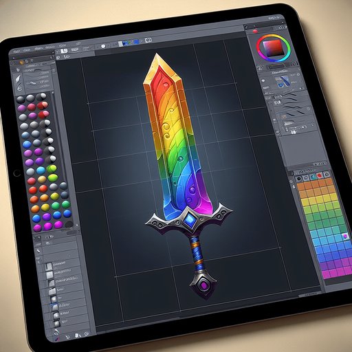 create a rainbow sword.
Single Game Texture.  In-Game asset.  2d.  Blank background.  High contrast.  No shadows