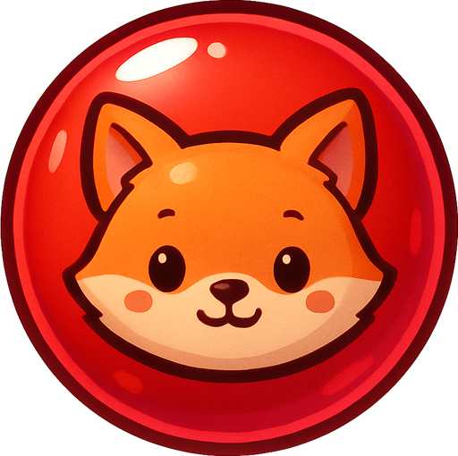 A glossy red bubble with a cute fox face inside, cartoon style, 2D mobile game asset, white background.
In-Game asset.  2d.  High contrast.  No shadows