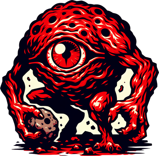monster in flat shaded style. It has one eye, holding a stone in his hand. thick black outline, red color monster.
Single Game Texture.  In-Game asset.  2d.  Blank background.  High contrast.  No shadows