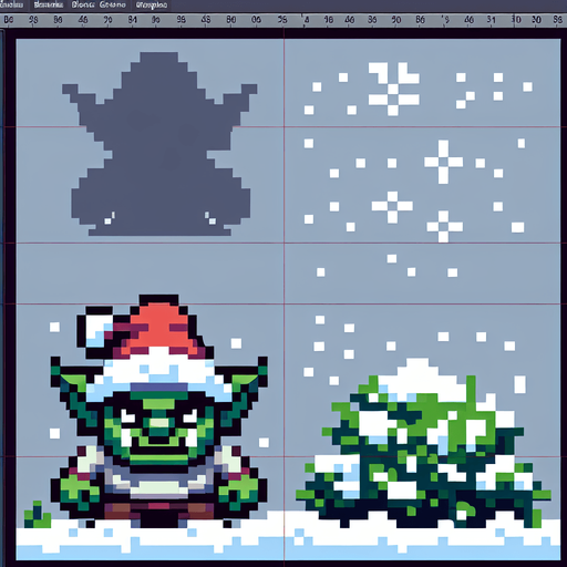 A winter goblin enemy character. Pixelart. front view. Single Game Texture. In-Game asset. 2d. Blank background. High contrast. No shadows.
