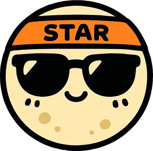 una luna redondita kawai con lentes de sol, en su frente lleva una sinta que dice STAR.
In-Game asset.  2d.  High contrast.  No shadows