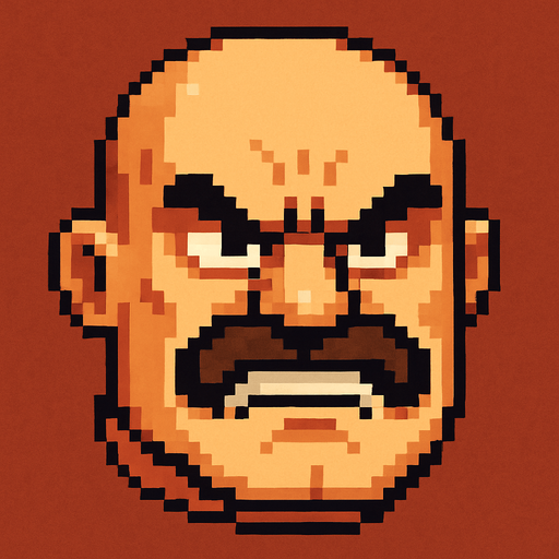 boss bald moustache angry head pixel art 2d..
In-Game asset.  2d.  High contrast.  No shadows