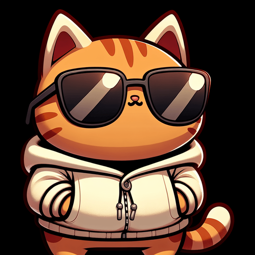 The character in the image, a cartoon-style orange tabby cat with striking stripes, momentarily shifts its relaxed posture. Its round face, partially obscured by oversized, round, dark opaque sunglasses, suddenly animates with a hint of movement. From its small, cute, and chubby body clad in a simple, light-colored hoodie, a soft 'meow' escapes, adding a layer of charm and liveliness to its demeanor. The cat's paws, previously resting comfortably in front, slightly adjust as if to communicate through this gentle sound. This playful and whimsical moment enriches the character's appeal, making it an even more endearing mascot or protagonist for a children's book, bridging the gap between the visual and the expressive..
Single Game Texture. In-Game asset. 2d. Blank background. High contrast. No shadows.