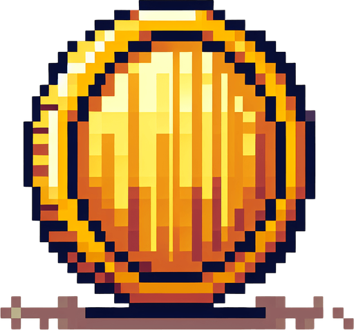 Coin piksel sanatı.
Single Game Texture.  In-Game asset.  2d.  Blank background.  High contrast.  No shadows