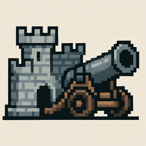 castle gun, siege gun, pixel art.
In-Game asset.  2d.  High contrast.  No shadows