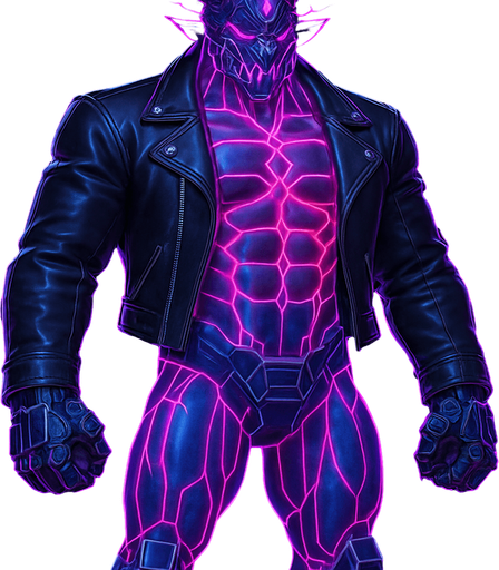 Black leather biker jacket longsleeves bare segmented neon cyberpunk pecs abs muscles robot monster hunk Neon cyberpunk 3d hologram corporate occult demon android mecha robot sentinel guard soldier machine monster fully in frame no part cut off no background anime futuristic