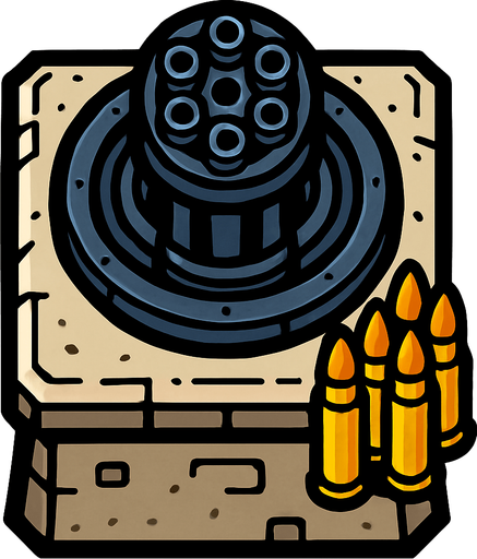 torre con 1 cañon con las balas de minigun desde arriba.
In-Game asset.  2d.  High contrast.  No shadows