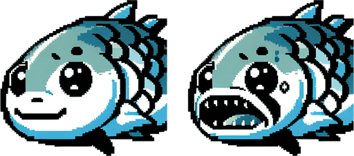 Две версии одной рыбы одна не испуганная другая испуганная 
Анимационом стиле.
Single Game Texture. In-Game asset. 2d. Blank background. High contrast. No shadows.