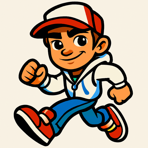 karizmatik ama aynı zamanda sevimli görünen koşucu subway surfers karakteri.
In-Game asset.  2d.  High contrast.  No shadows