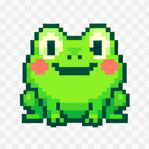 La rana debe ser un personaje simpático de color verde brillante, con ojos grandes y expresivos que miran al frente, mejillas redondeadas y una sonrisa divertida; su cuerpo debe ser compacto y ligeramente ovalado, con patas traseras marcadas pero no exageradas, diseñada en estilo pixel art, y puede tener una pequeña animación de parpadeo o un leve rebote para darle vida; el fondo debe ser transparente y el estilo visual debe coincidir con un juego colorido y casual..
In-Game asset.  2d.  High contrast.  No shadows