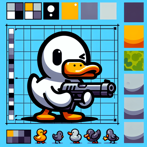 Title game:duck with a gun.
Single Game Texture. In-Game asset. 2d. Blank background. High contrast. No shadows.