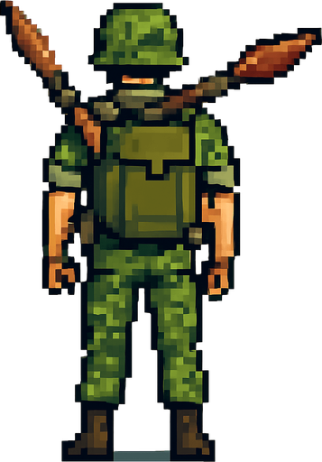 Militar de espalda, derecho , rpg, pixelart.
In-Game asset.  2d.  High contrast.  No shadows