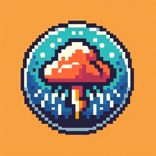 Retro art rain cloud with lighting bolt coming out the bottom 2d pixel art button logo.
Single Game Texture. In-Game asset. 2d. Blank background. High contrast. No shadows.