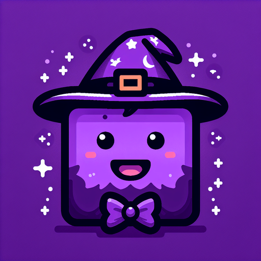 Perfectly square bright purple Halloween witcher head with cute happy face. Cartoon style. Spooky art style. Simple vector style.