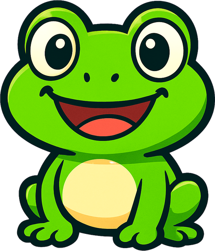 “A cute cartoon-style frog character for a mobile game. Bright green skin, big round eyes, wide smiling mouth, small chubby body, sitting or standing upright. Friendly and playful expression, simple colorful background. High-quality digital illustration, perfect for a fun kids game.”.
In-Game asset.  2d.  High contrast.  No shadows. cartoon style