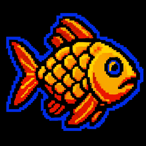 A golden fish. 80s arcade machine graphics..
In-Game asset.  2d.  High contrast.  No shadows