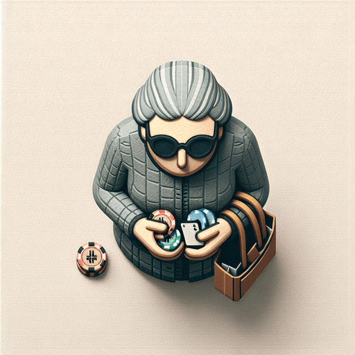 Top down image of an old lady carrying poker tokens wearing sunglasses. Single Game Texture. In-Game asset. 2d. Blank background. High contrast. No shadows.